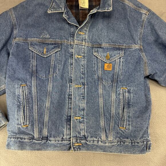 VTG 90s Carhartt Denim Blanket Lined Trucker Jacket Mens XL Button Up JB0998 USA - Picture 3 of 11